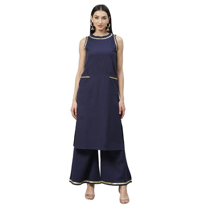 Women's Navy Blue Cotton Solid Sleeveless Round Neck Casual Kurta Palazzo Set