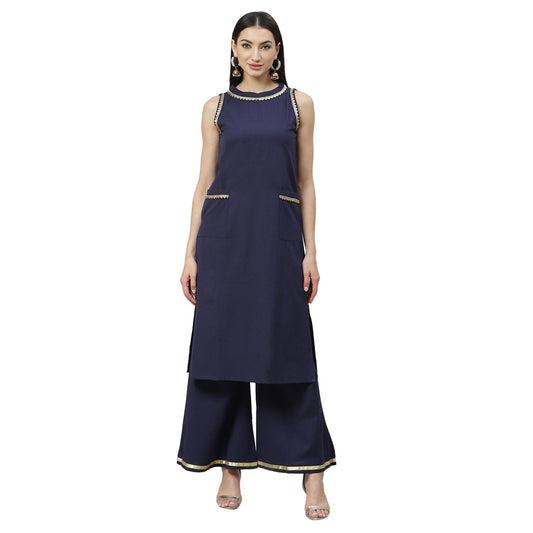 Women's Navy Blue Cotton Solid Sleeveless Round Neck Casual Kurta Palazzo Set