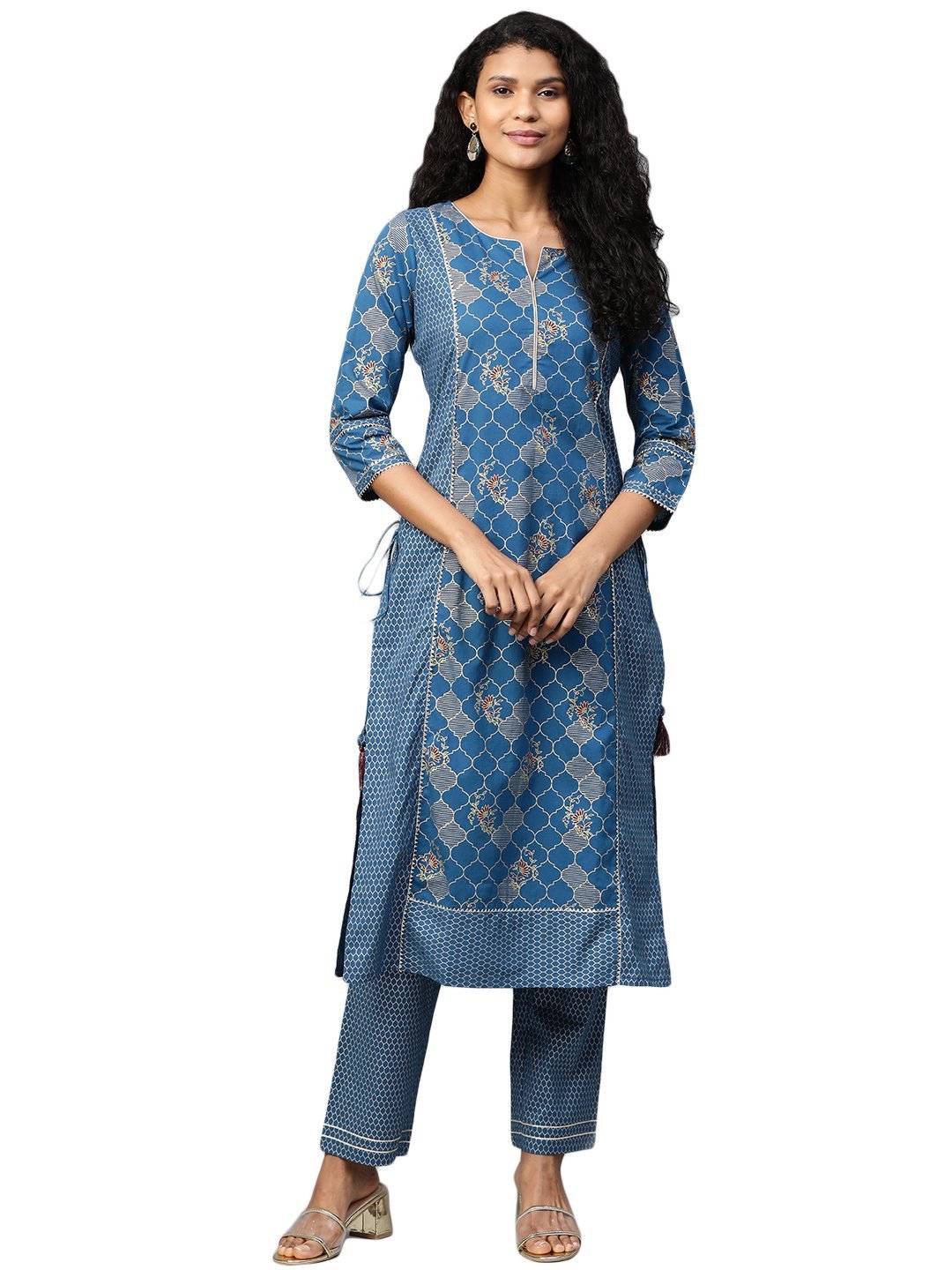 Women Navy Blue Printed  Cotton Kurta & Pant Set by Myshka (