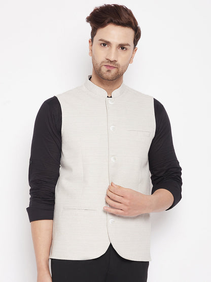 Men's Cream Color Woven Nehru Jacket