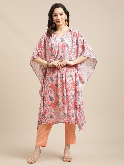 Women's Peach Floral Printed Kaftan Trouser Set
