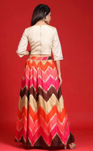 Women's Coral Silk Printed Lehenga With Silk Lurex Choli