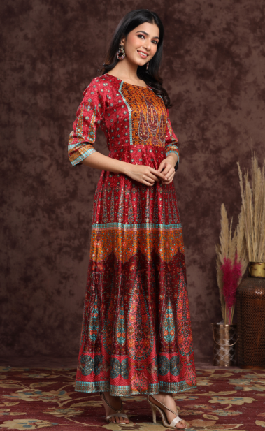 Women's Maroon Dull Satin Printed Anarkali Dress