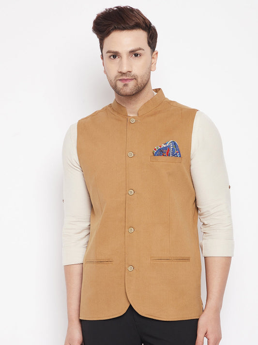Men's Brown Color Nehru Jacket-Contrast Lining-Inbuilt Pocket Square