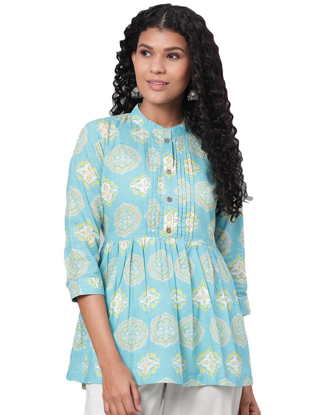 Women's Green Printed 3/4 Sleeve Coller Neck Cotton Casual Top