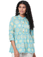 Women's Green Printed 3/4 Sleeve Coller Neck Cotton Casual Top