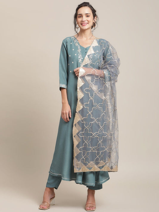 Women's Teal Color Embroidered Circulared Flared Kurta With 3/4Th Sleeves And  Paired With Trouser And Gota Embroidered Dupatta