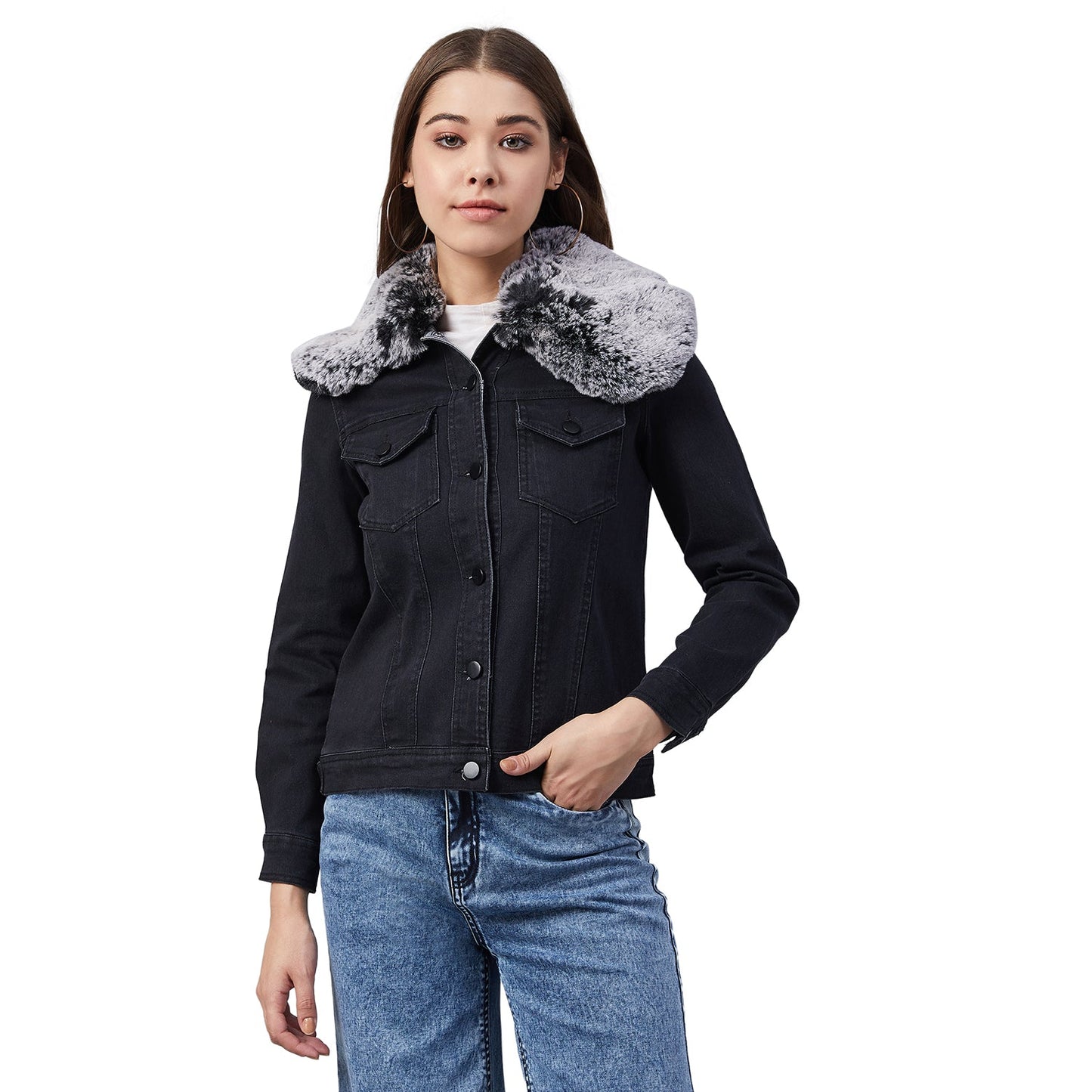 Women's Black Denim Jacket with Detachable Grey Collar