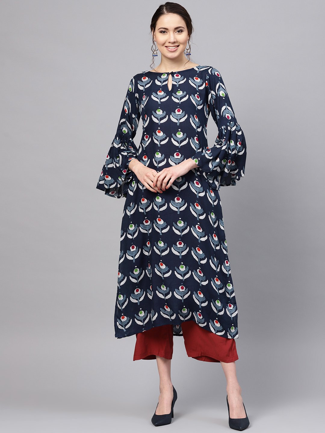Women's Multicolor Cotton Solid Balloon Sleeve Round Neck Casual Kurta Only