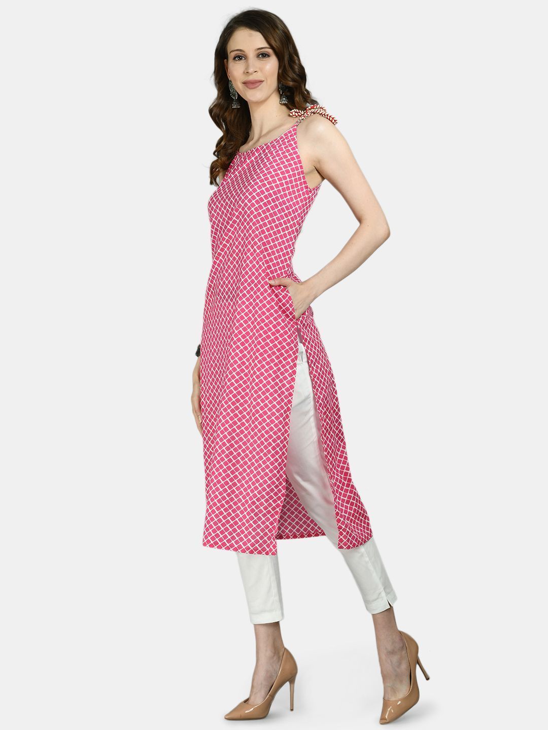 Women Pink Cotton Printed Kurta by Myshka (