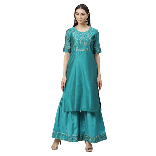 Women's Rama Green Chanderi Printed Half Sleeve Round Neck Casual Kurta Sharara Set