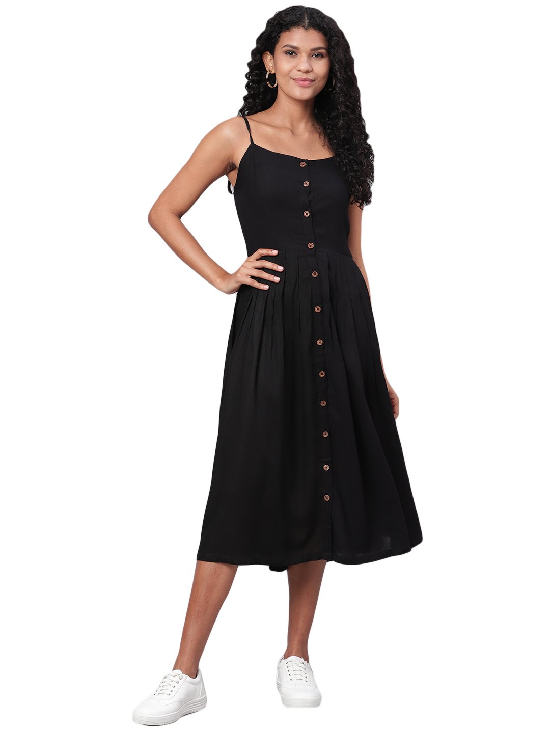 Women's Black Solid Sleeveless Cotton Streps Neck Casual Dress