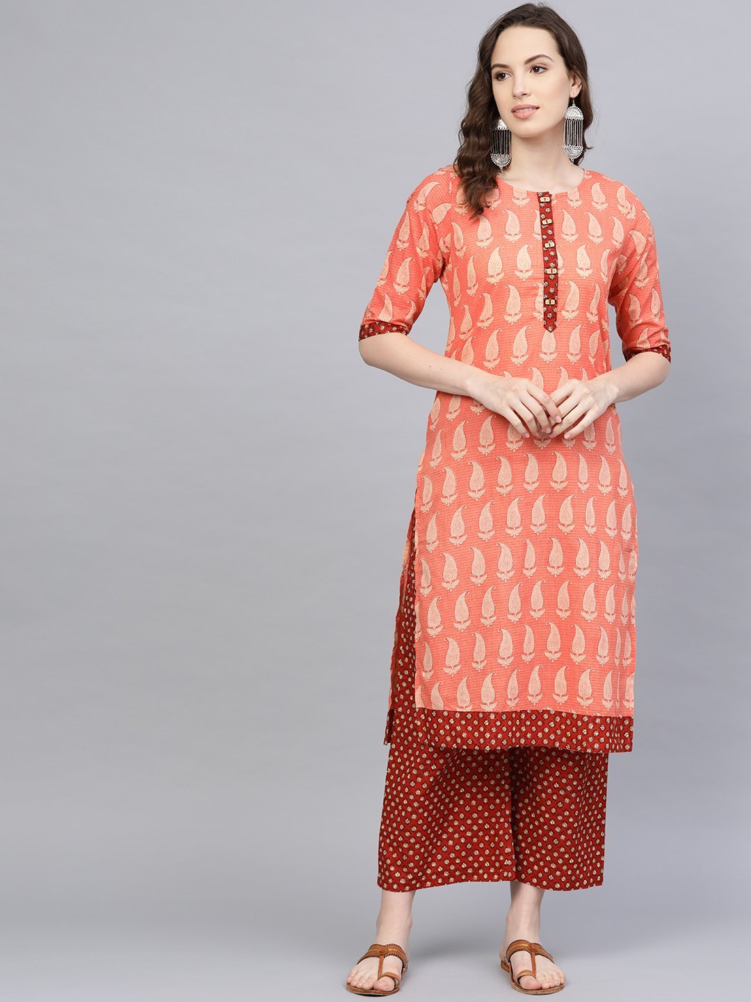 Women's Orange Cotton Printed Half Sleeve Round Neck Casual Kurta Palazzo Set
