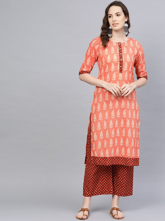 Women's Orange Cotton Printed Half Sleeve Round Neck Casual Kurta Palazzo Set