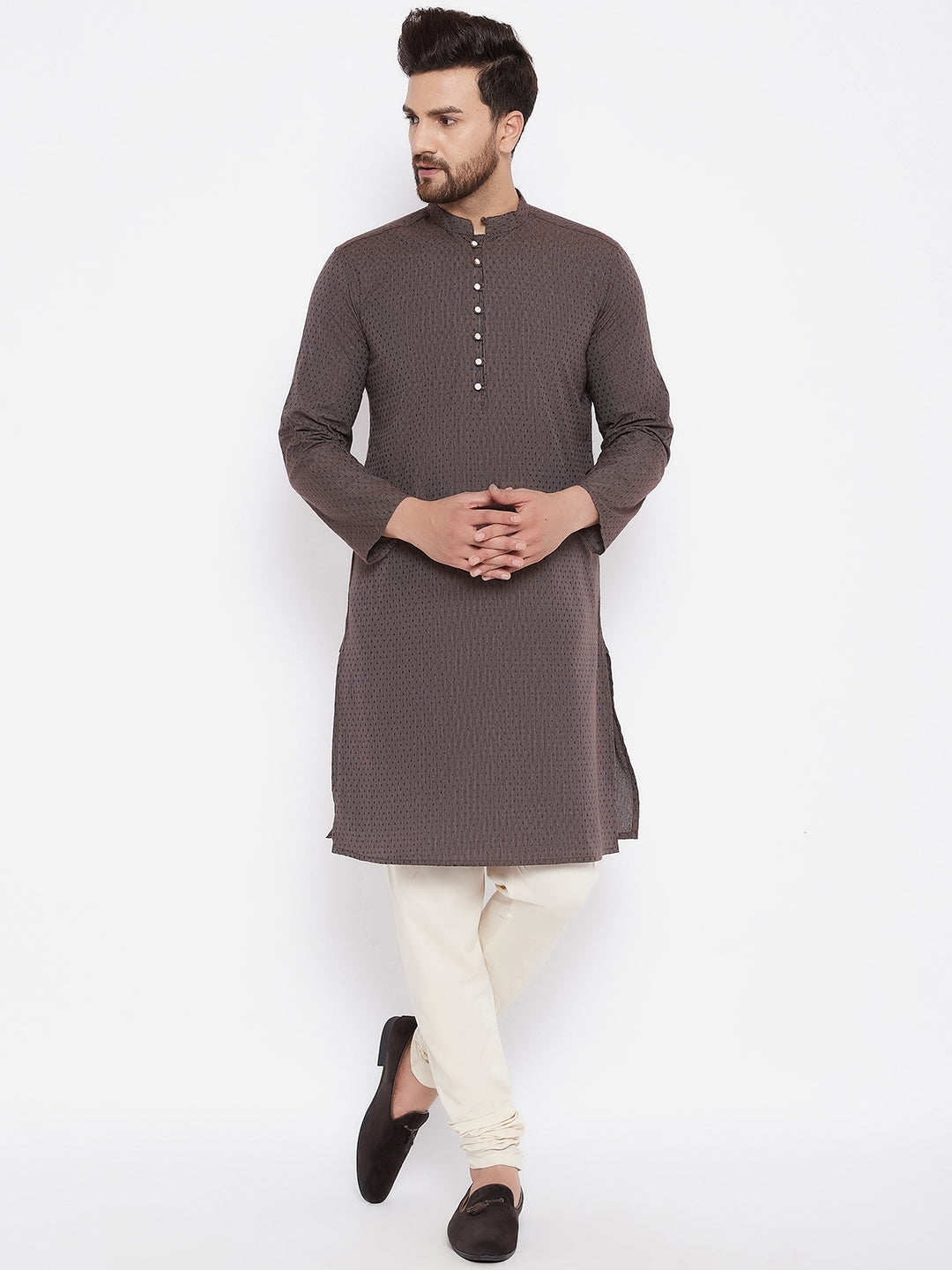 Men's Woven Design Brown Straight  Kurta