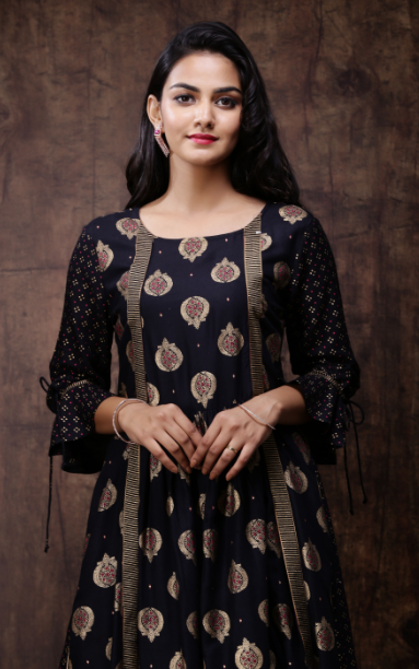 Women's Black Rayon Printed Jacket Style Kurta Dress1
