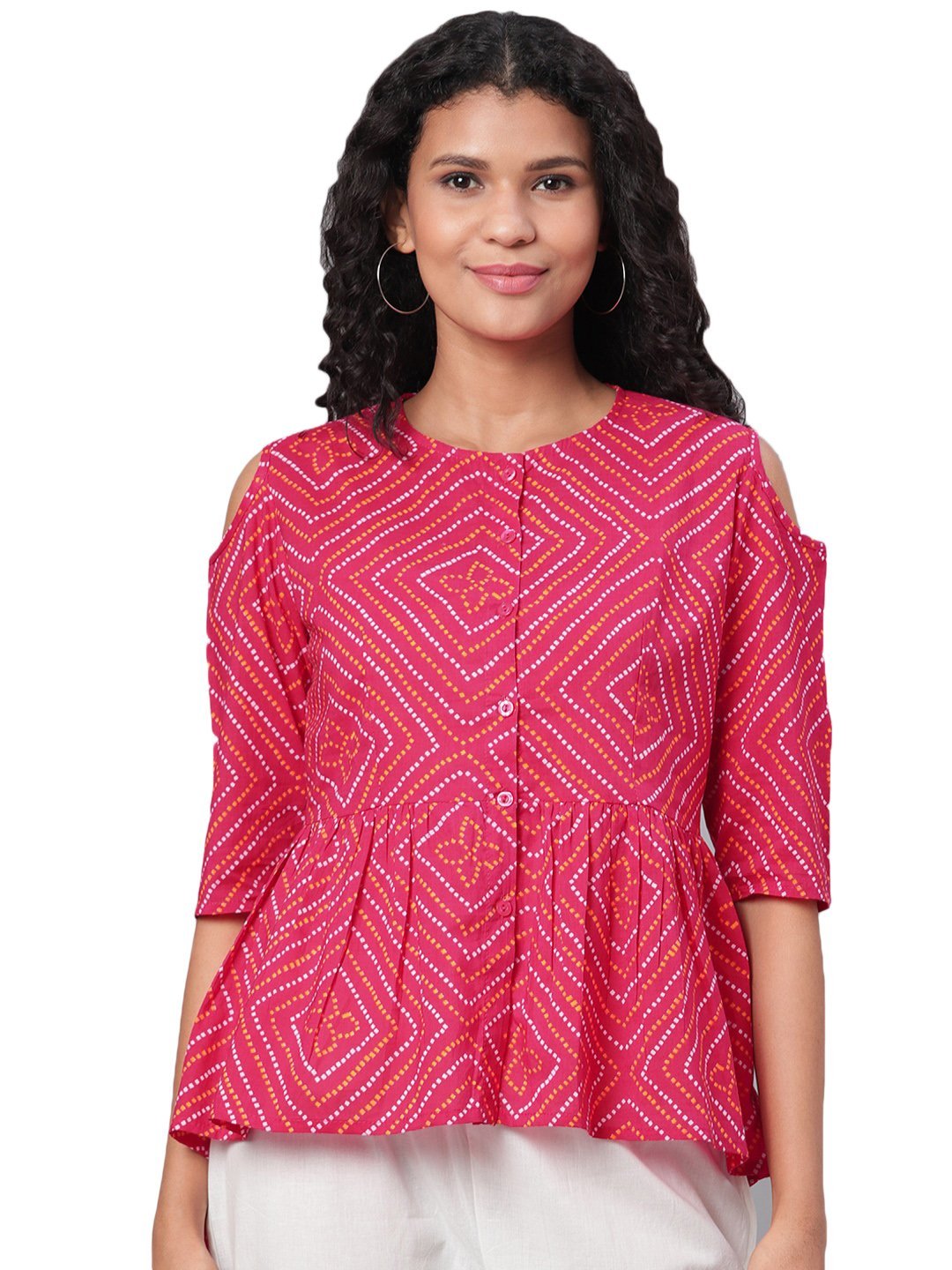 Women Pink Printed Cotton Top by Myshka (