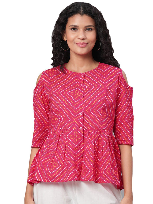 Women Pink Printed Cotton Top by Myshka (