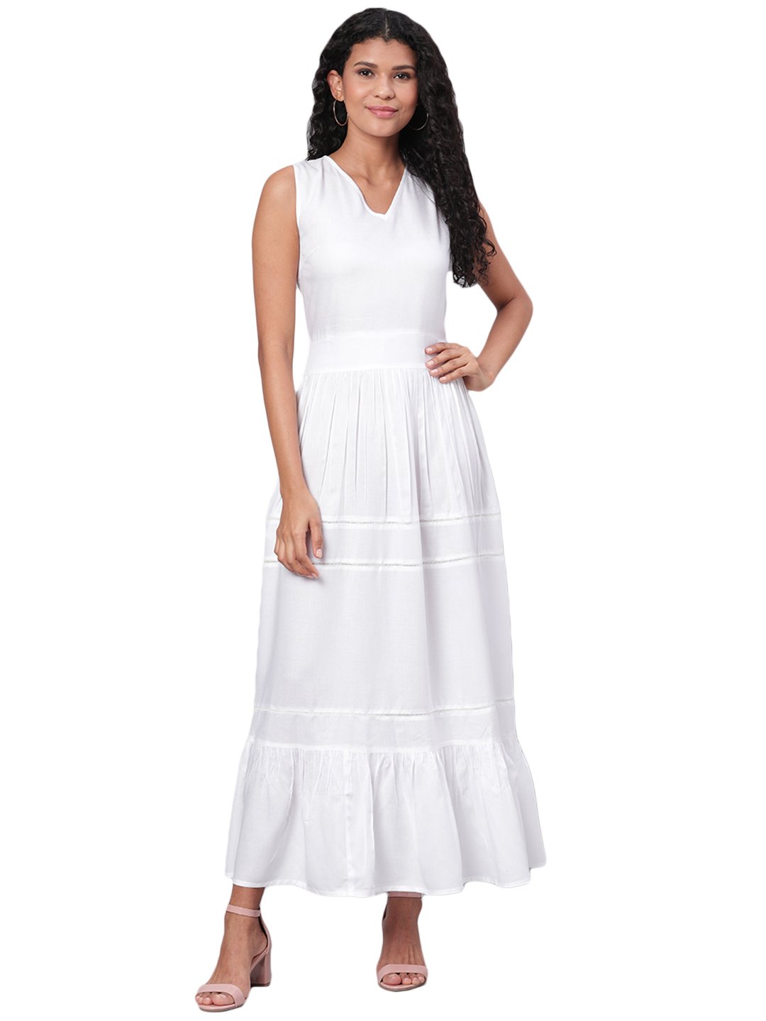 Women's White Solid Sleeveless Cotton V Neck Casual Dress