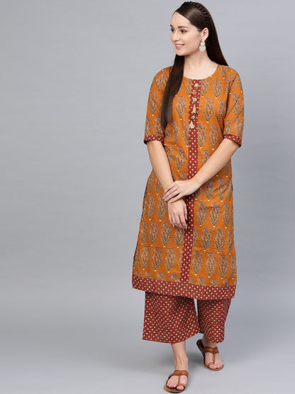 Women Mustard Cotton Printed Kurta Palazzo Set by Myshka (