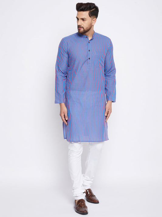 Men's Cotton Striped Blue Kurta