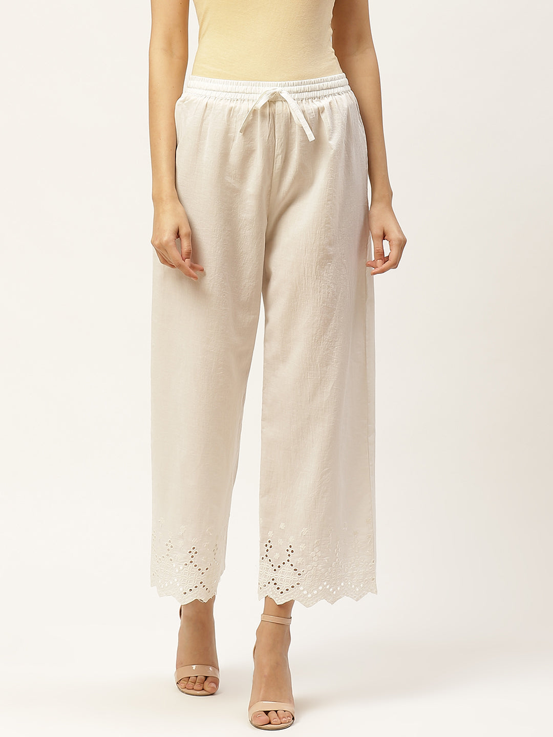 Women's White Solid Schiffli Straight Cotton Palazzos