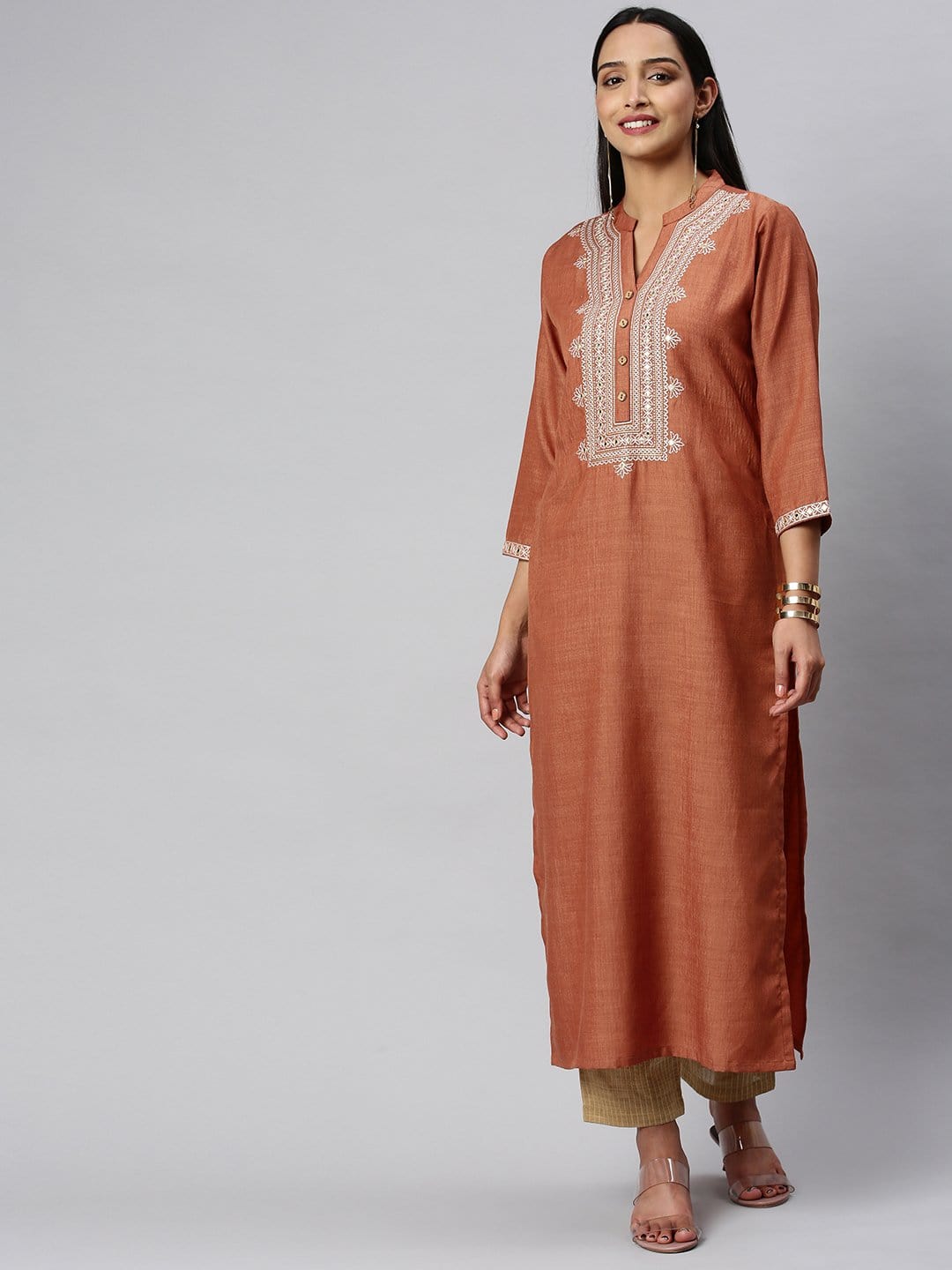 Women's KSUT Rust And Cream Mirror Work Embroidery Yoke Kurta With 3/4Th Sleeves
