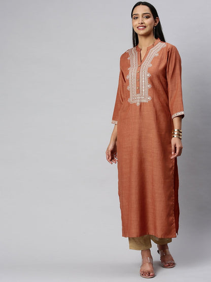 Women's KSUT Rust And Cream Mirror Work Embroidery Yoke Kurta With 3/4Th Sleeves