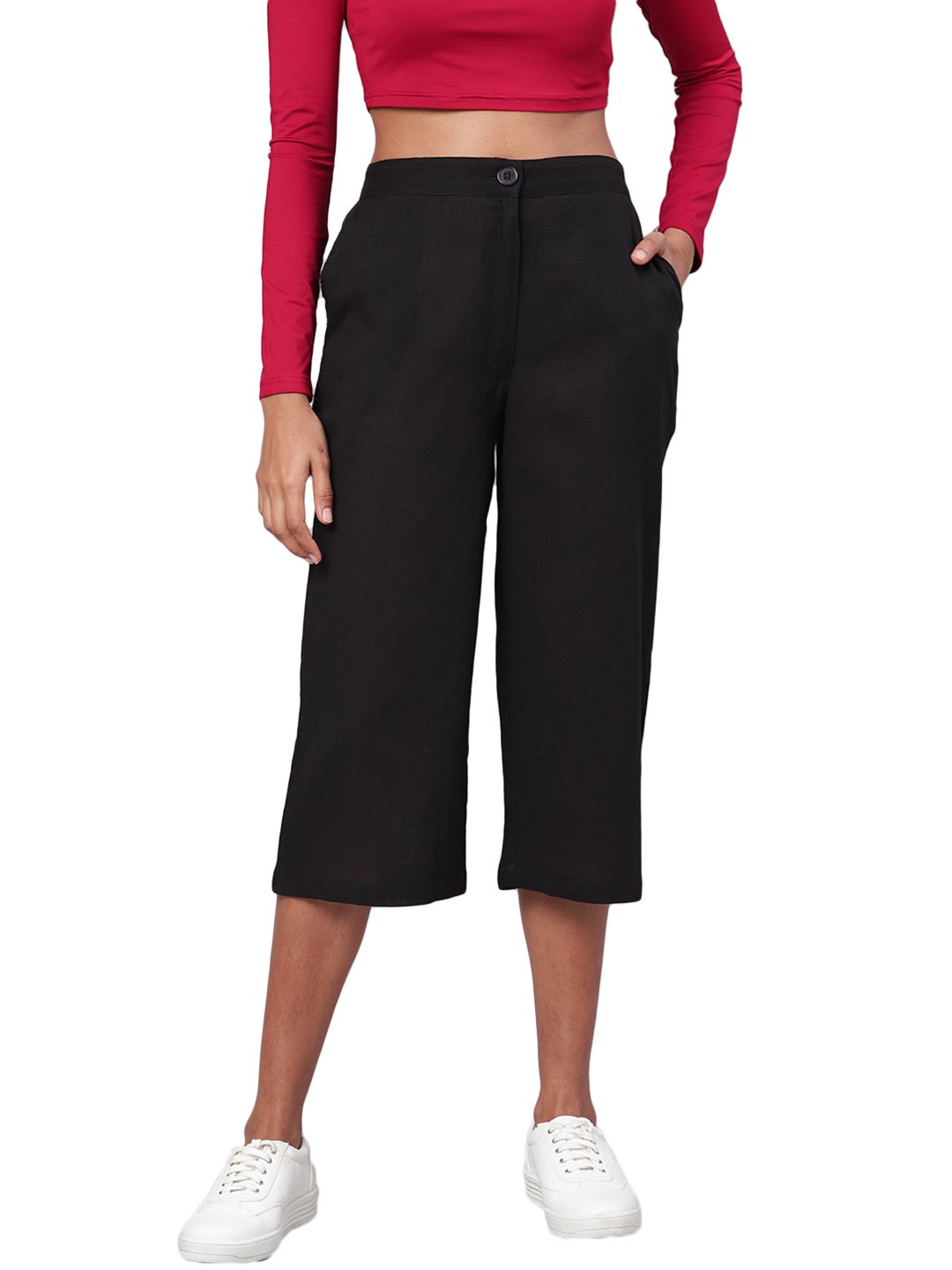 Women's Black Solid Cotton Trouser