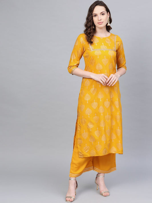 Women's Yellow Cotton Printed Half Sleeve Round Neck Casual Kurta Palazzo Set