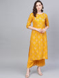 Women's Yellow Cotton Printed Half Sleeve Round Neck Casual Kurta Palazzo Set