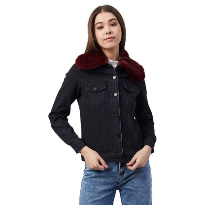 Women's Black Denim Jacket with Detachable Maroon Fur Collar