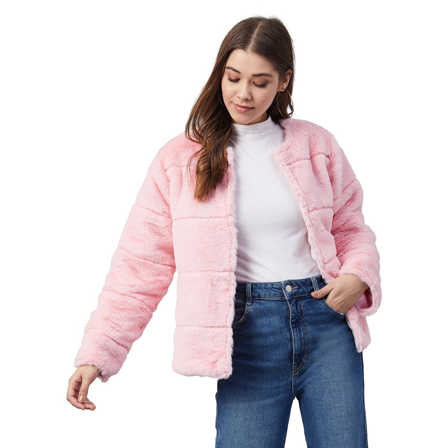 Women's Pink Faux Fur Open Jacket