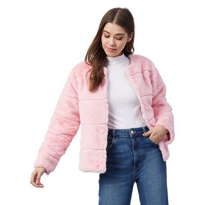 Women's Pink Faux Fur Open Jacket