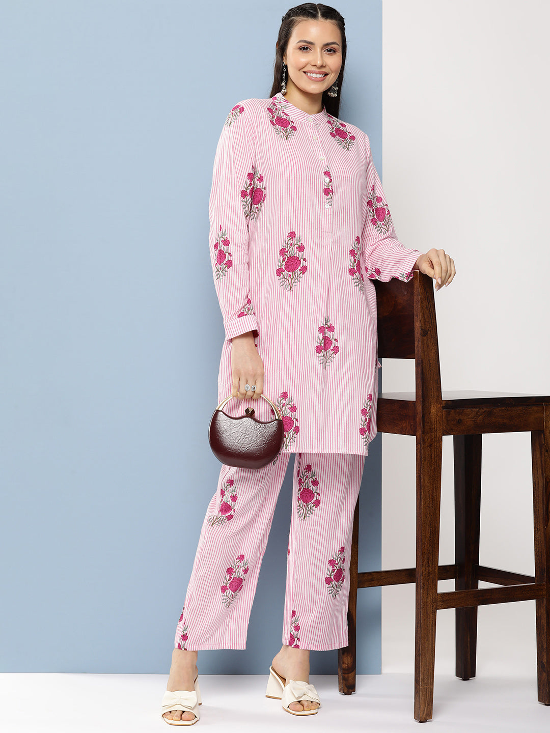 Women's Pink Floral Print Tunic Set