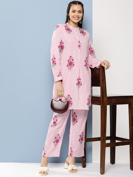 Women's Pink Floral Print Tunic Set