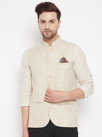 Men's Beige Color Woven Nehru Jacket