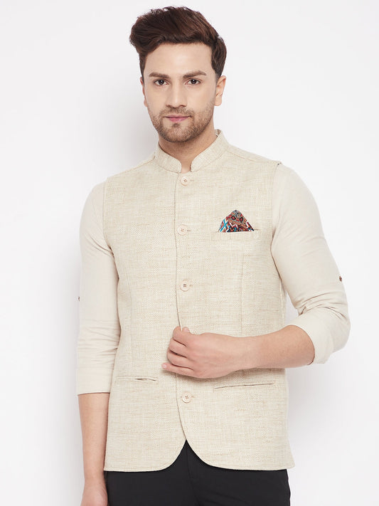 Men's Beige Color Woven Nehru Jacket