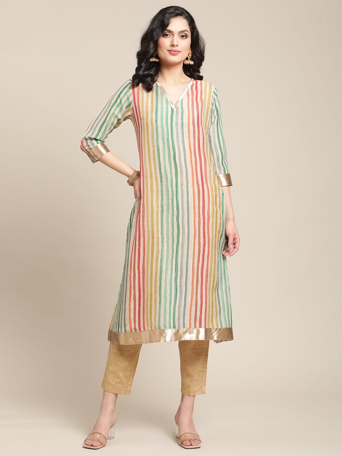 Women's Multicolored Striped V Neck A-Line Kurta With Shimmer Taping