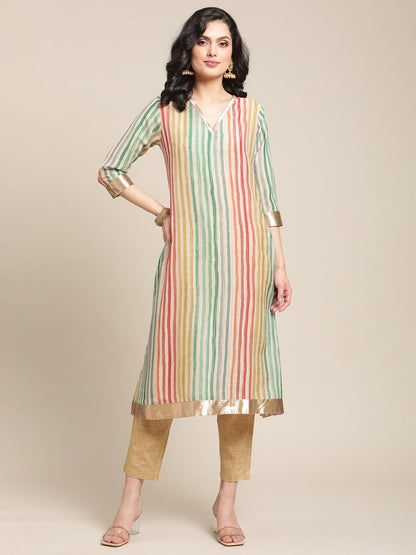 Women's Multicolored Striped V Neck A-Line Kurta With Shimmer Taping