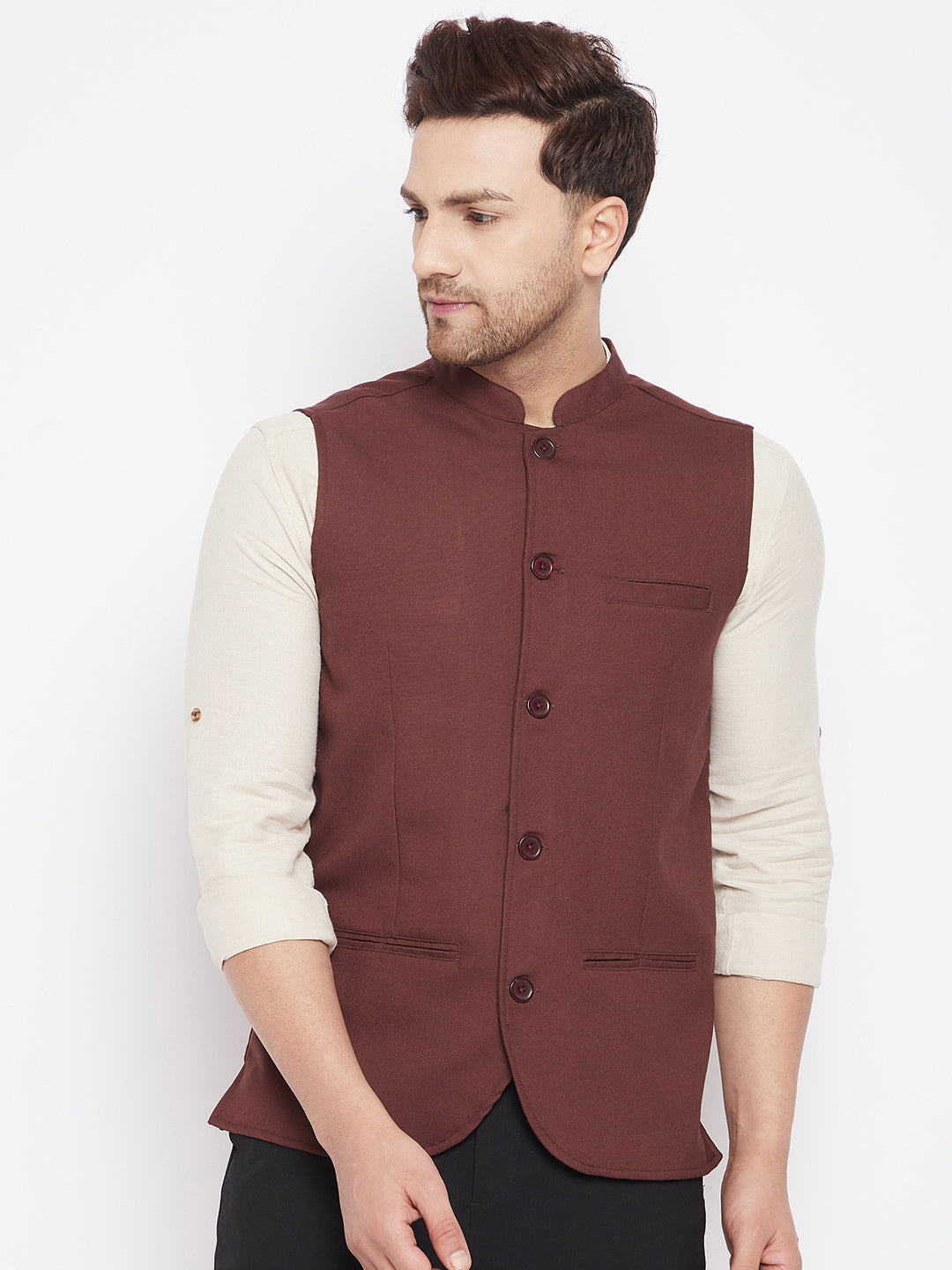 Men's Maroon Color Woven Nehru Jacket