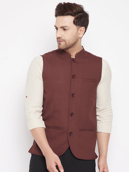 Men's Maroon Color Woven Nehru Jacket