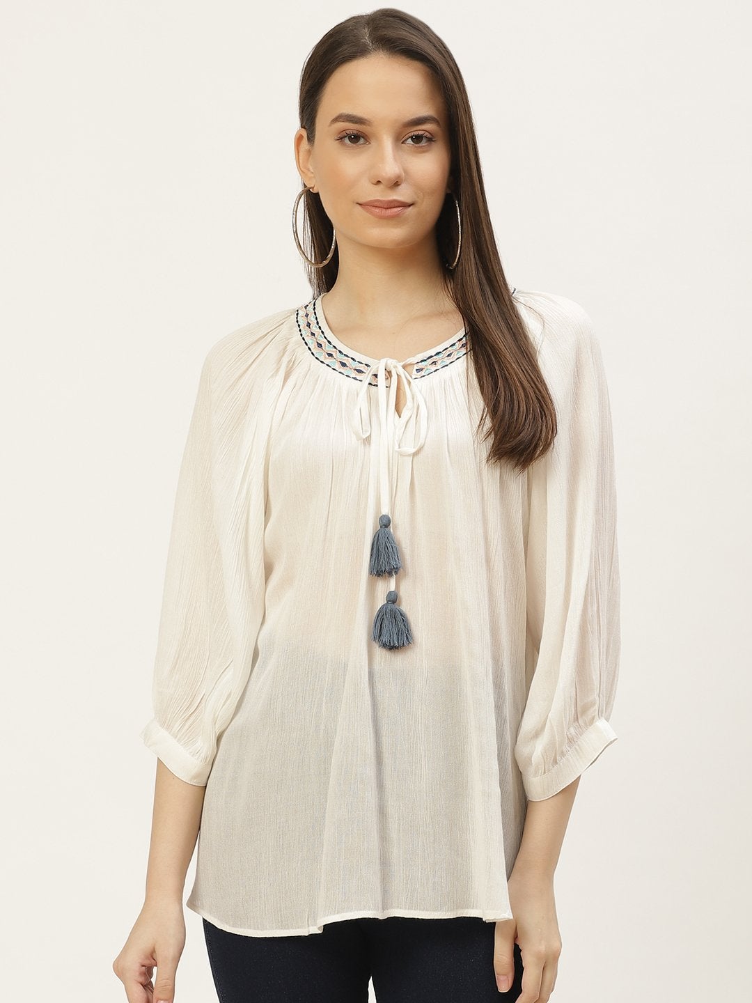 Women's White Rayon Crepe Embroided Top (1pc)