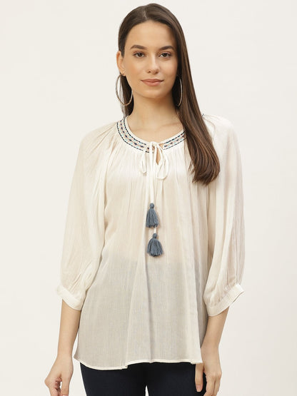 Women's White Rayon Crepe Embroided Top (1pc)