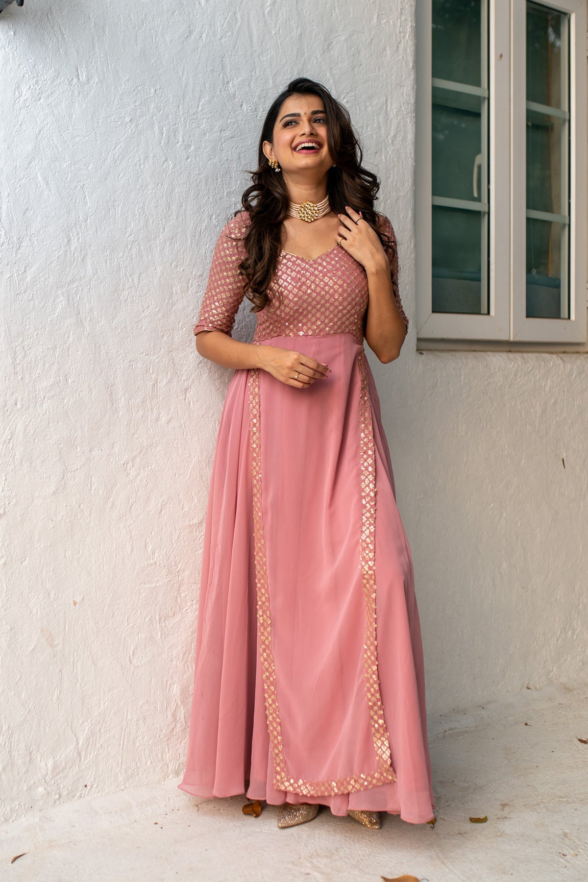Women's Dusty Pink Sequin Pannel Long Gown