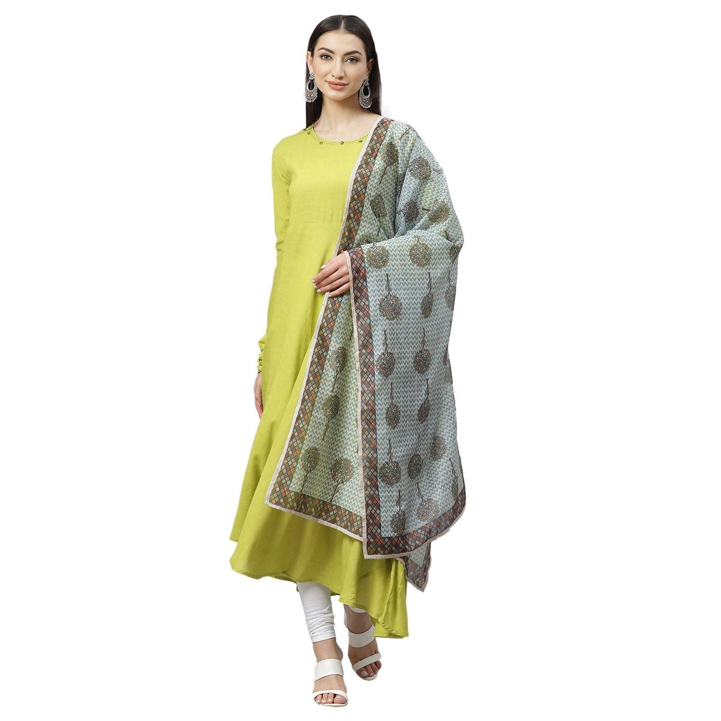Women's Green Cotton Solid Full Sleeve Round Neck Casual Anarkali Kurta With Dupatta