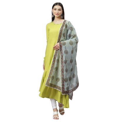 Women's Green Cotton Solid Full Sleeve Round Neck Casual Anarkali Kurta With Dupatta