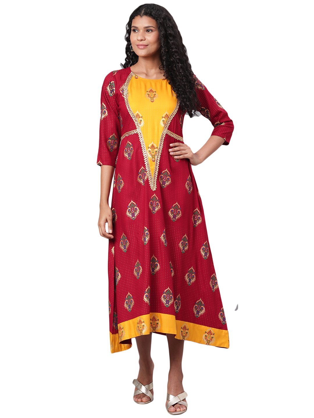 Women's Maroon Printed 3/4 Sleeve Rayon Round Neck Dress
