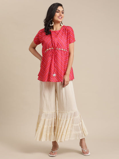 Women's Pink Bandhej Gota Patti Embellished Top With Off White Shrarara Set