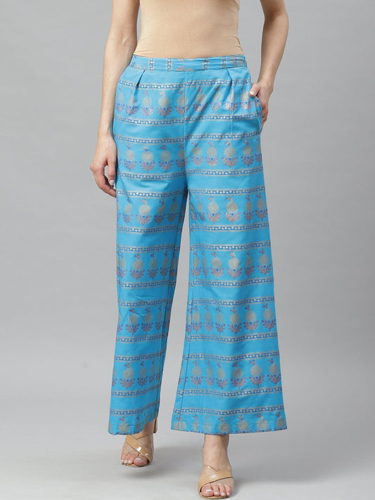 Women's Green Cotton Printed Casual Palazzo